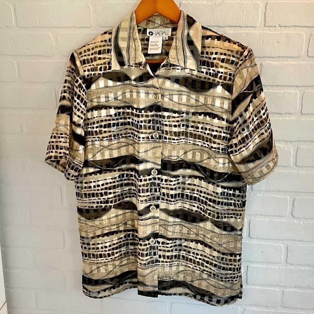 Vintage Women’s Button down sheer MCM Print Mobwife Cream Black Sz 6
